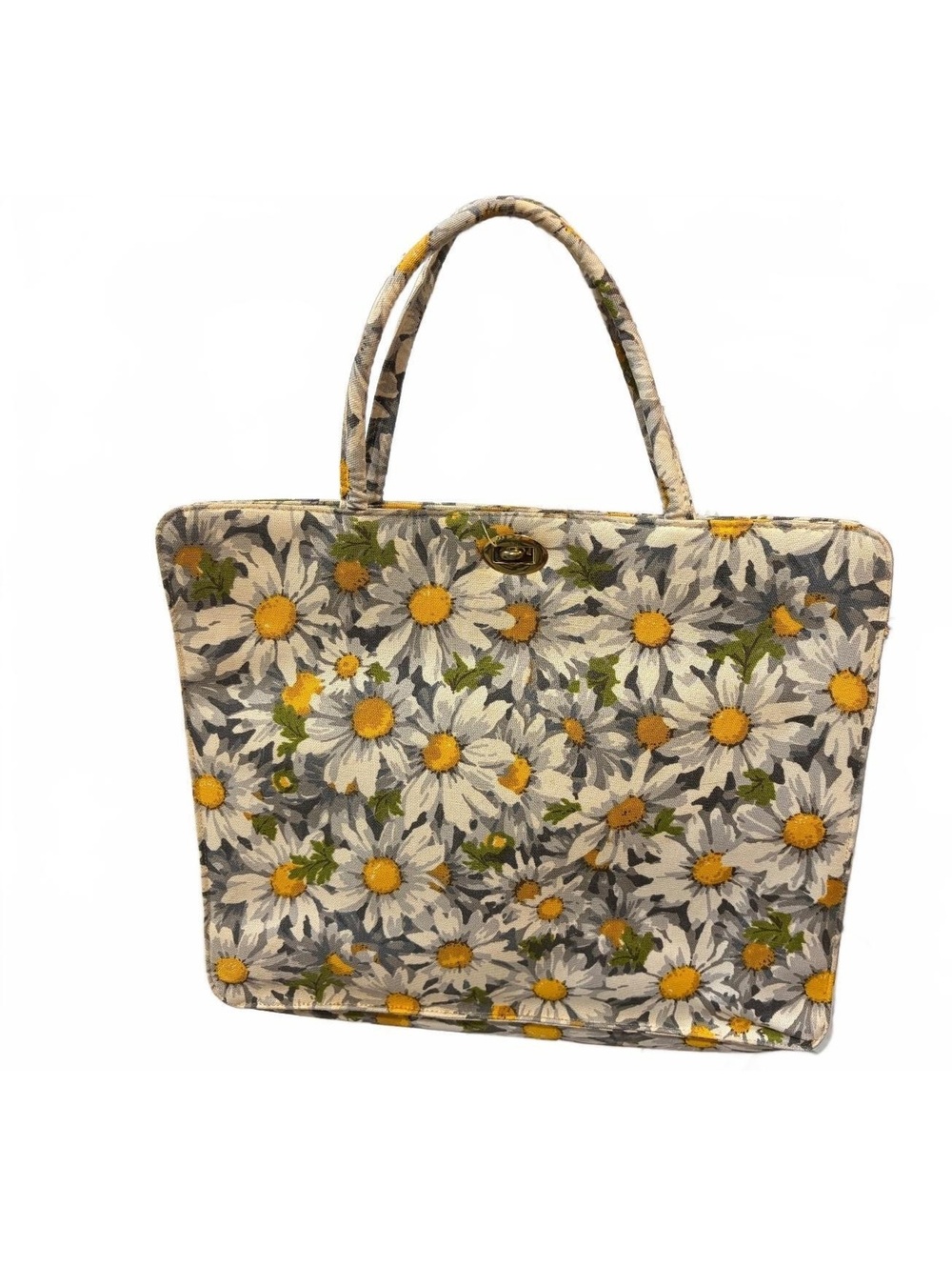 Vintage 1960s Margaret Smith Daisy Floral Canvas Handbag Yellow Satin Lining